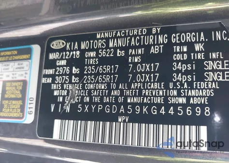 2019 Kia Sorento 3.3L Lx z USA, uszkodzony, nr VIN 5XYPGDA59KG445698